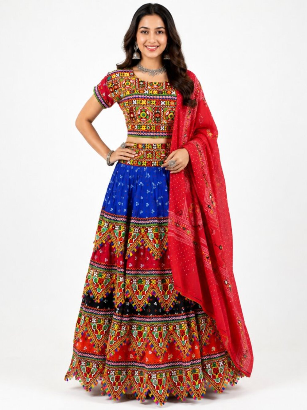 Women’s Blue Red Embroidered Navratri Garba Chaniya Choli Set